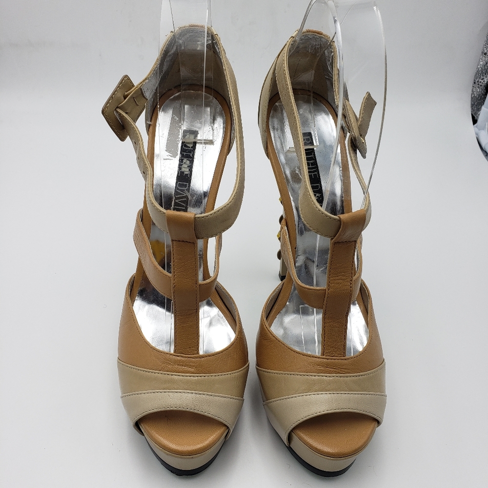 RUTHIE DAVIS creme & tan T strap peep toe platform heels women's 38